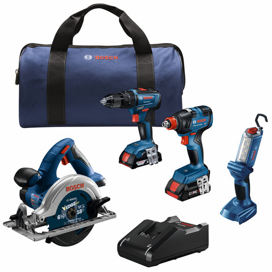 Bosch 18V 4-Tool Combo Kit with (1) CORE18V 4.0 Ah Battery and (1) 2.0 Ah SlimPack Battery - Each