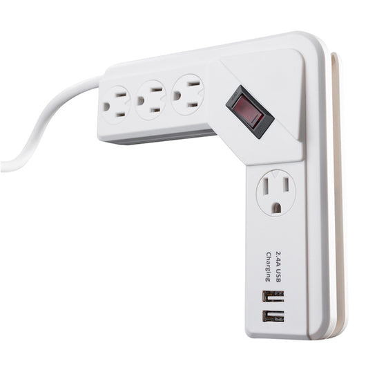 Woods Corner Power Strip - 4 Outlets/2 USB Ports - 4-ft - White-Each