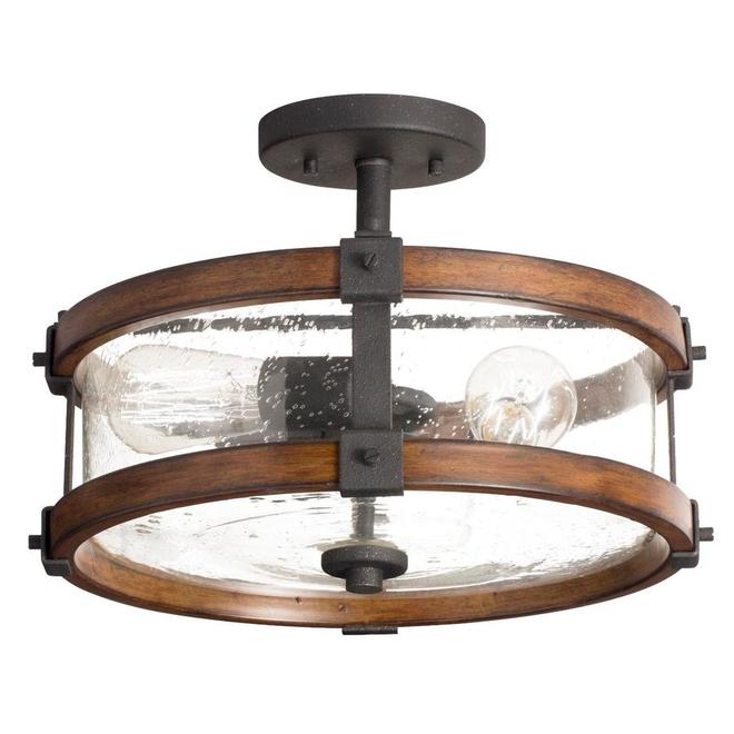 Kichler Barrington 14-in Faux-Wood and Black Metal 3-Light Incandescent Semi-Flush Mount with Clear Glass Shade-