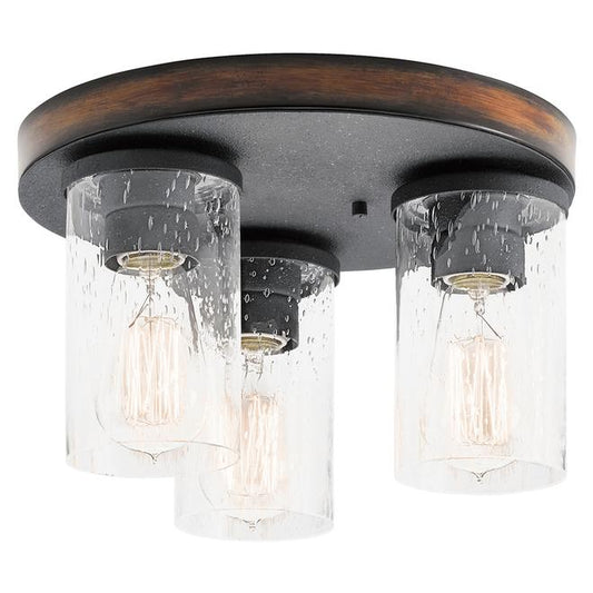 Kichler Barrington 11.5-in Black and Wood 3-Light Flush Mount Light with Seeded Glass Shades-