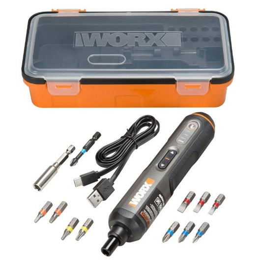 Worx 4V Cordless Rechargeable Screwdriver with LED Light (Charger, Hard Shell Case and 12 Bits Included) - Each