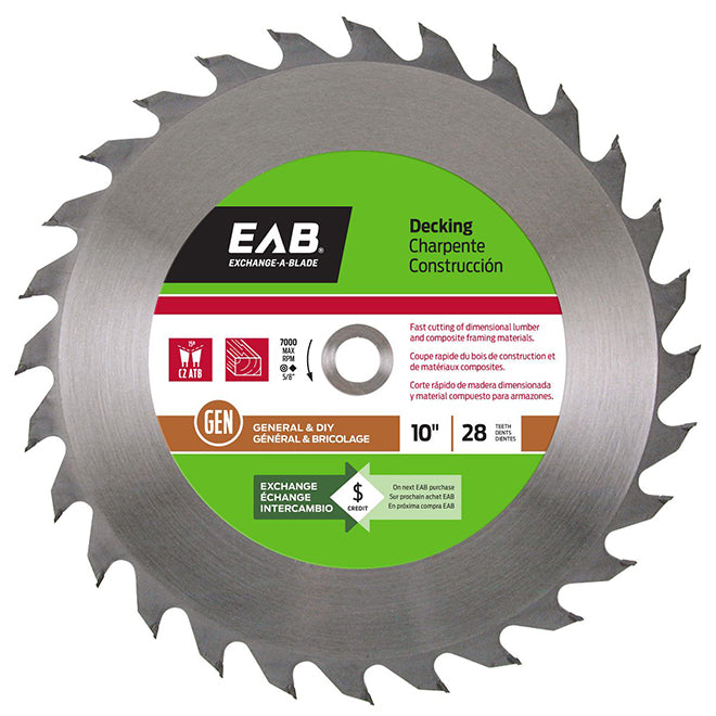 EAB Tool Carbide Saw Blade for Decking - 10" x 28 Teeth - Exchangeable - Each