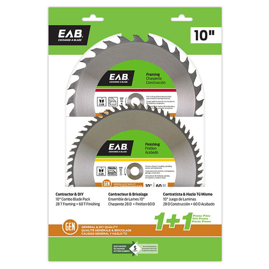 EAB Tool Carbide Framing and Finishing Saw Blades - 10" x 28 and 60 Teeth - Exchangeable - 2/Pack - Each