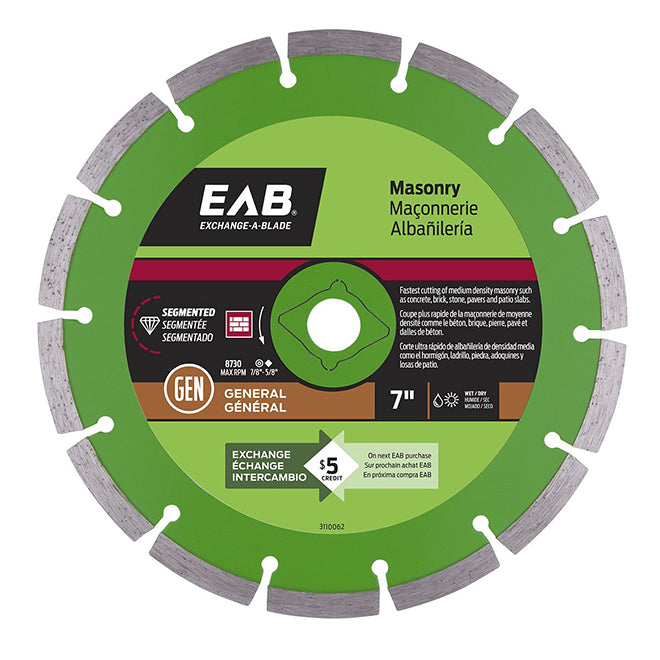 EAB Green Series Diamond Circular Blade - Alloy Steel - 7-in Dia - 5/8-7/8-in Arbour - Each