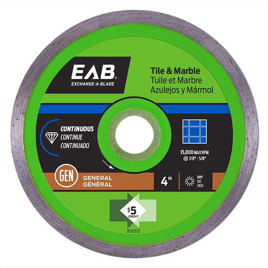 EAB Green Series Diamond Continuous Circular Blade - 4-in Dia - 5/8-7/8-in Arbour - Each