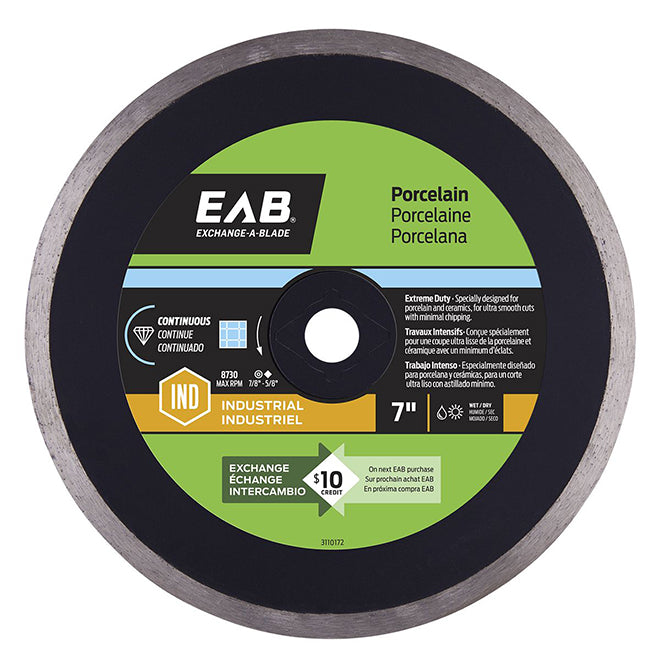 EAB Continuous Rim Porcelain Tile Black Industrial Diamond Blade - Recyclable Exchangeable - 7-in dia - Each