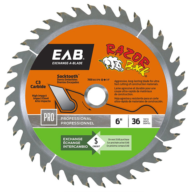 Razor Back Carbide Circular Saw Blade - Professional - 36 TH - 6" - Each