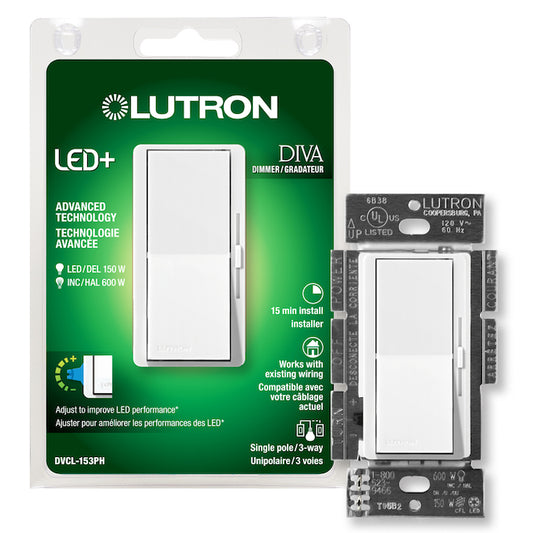 Lutron Diva LED Plus White Plastic Dimmer-Each