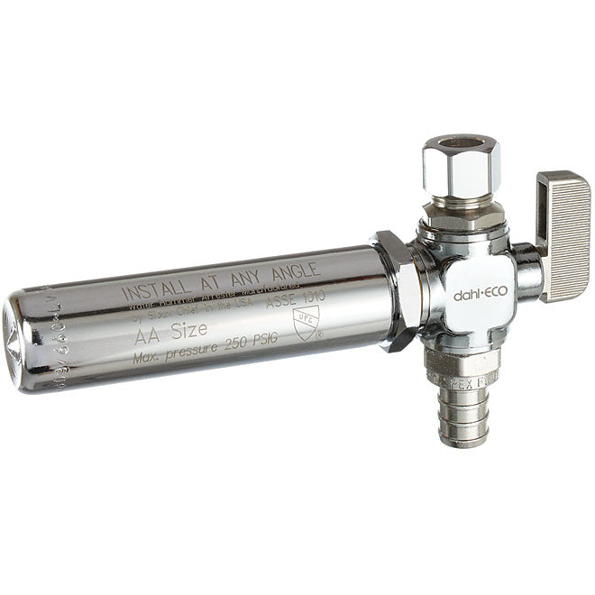 Dahl Supply Straight Stop Valve with Hammer Arrester - 1/2 Crimpex - 3/8 OD Compression - Chrome-Plated - Brass - Each