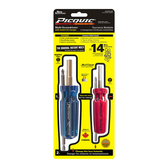 Picquic Sixpac Plus 7-in-1 Multi-bit Screwdriver Kit - Red/Blue Handle - Aircraft Alloy Shank - Magnetic - Each