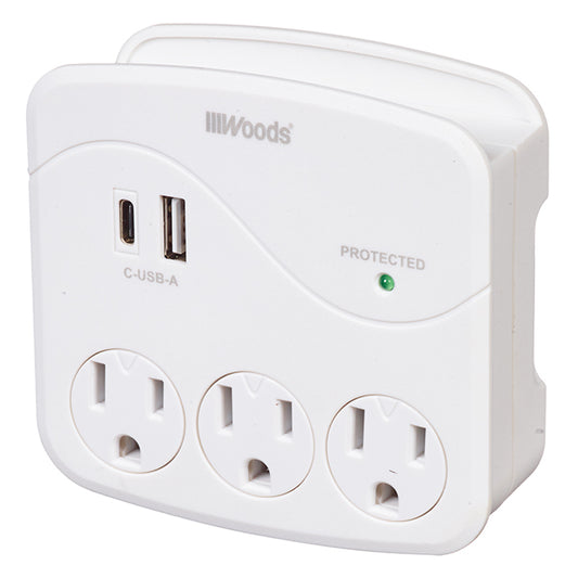 Woods Surge Protection 3-Outlet Adapter - EZ-Pull - 2USB Ports - 15-amp-Each