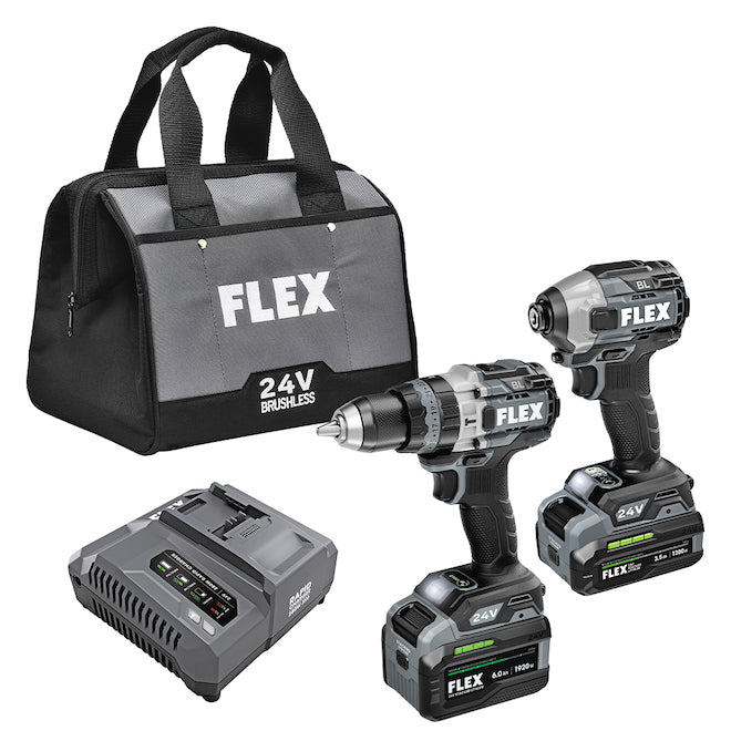 FLEX Set of Hammer Drill Driver and Impact Driver - Includes (2) 24V Stacked Lithium Batteries and (1) Charger - Each