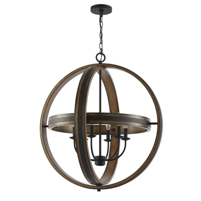 Eurofase 6-Light 29-in Wood/Black Metal Spherical Pendant Light with Rings-