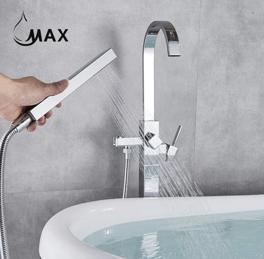 Tub Filler Faucet Floor Mounted Single Handle With Rough-in & Handheld Shower Chrome Finish