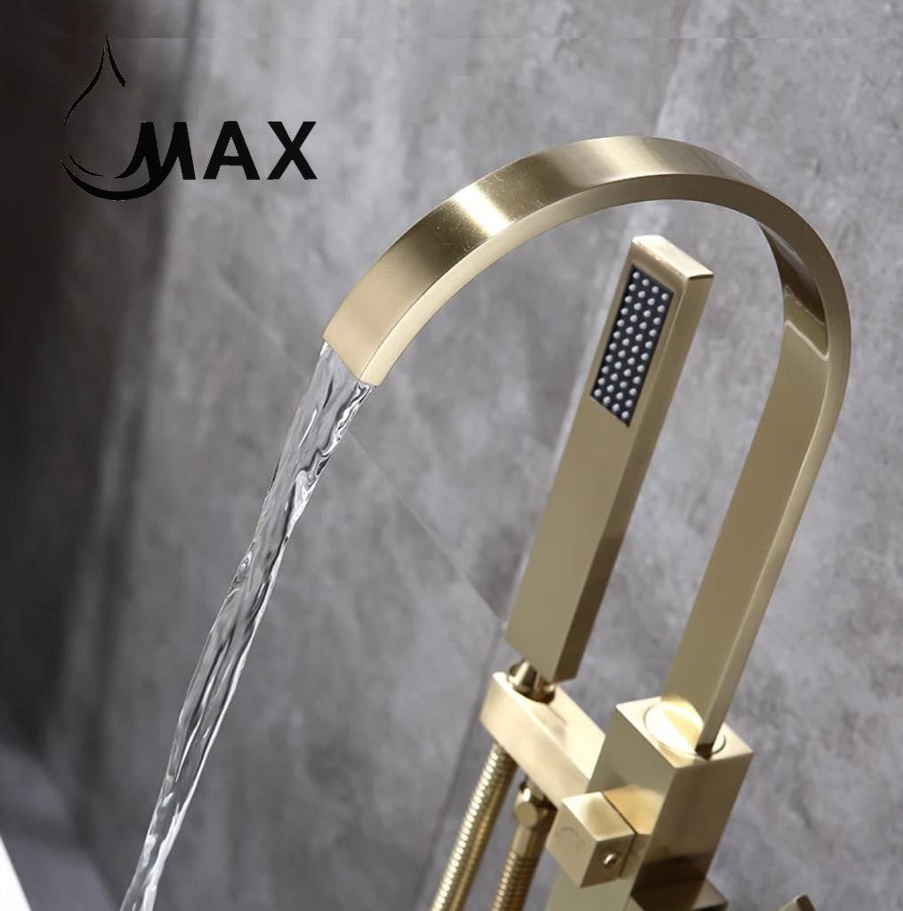 Tub Filler Faucet Floor Mounted Single Handle With Rough-in & Handheld Shower Brushed Gold Finish