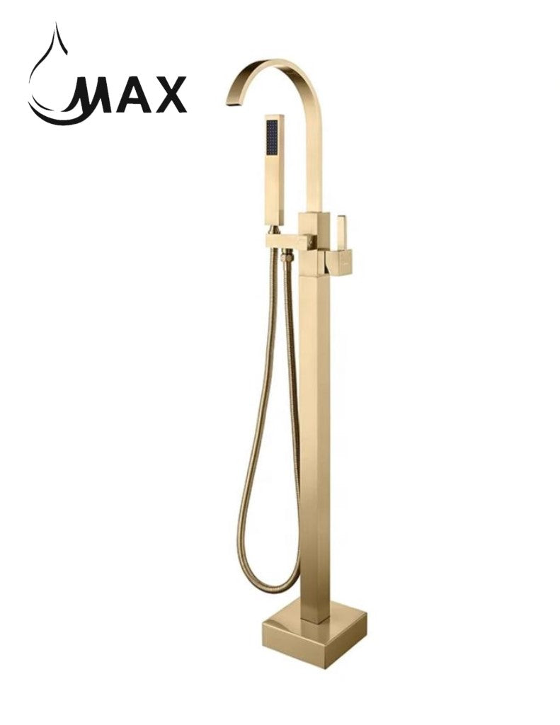 Tub Filler Faucet Floor Mounted Single Handle With Rough-in & Handheld Shower Brushed Gold Finish