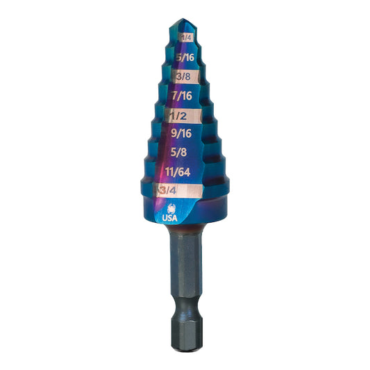 Spyder Stinger HSS 9-Step Drill Bit - 1/4 to 3/4-in - Mach-Blue Armor Plating - Each