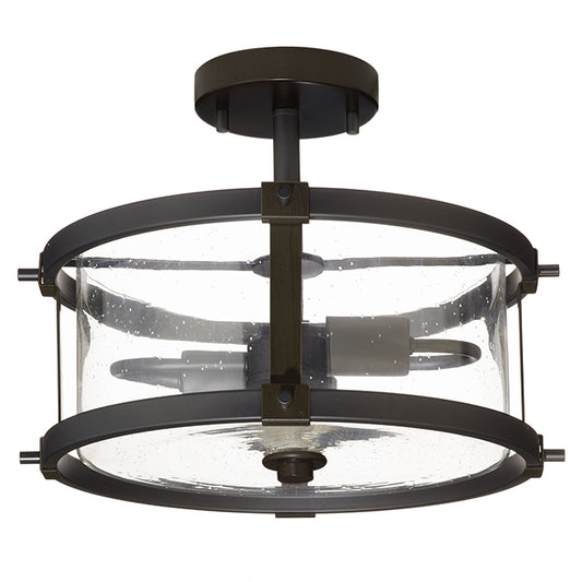 Lumirama Trattoria Semi-Flush Mount Ceiling Light - Needs 2 60-Watt E26 Bulbs - Black Wood-Look Finish - Seeded Glass-