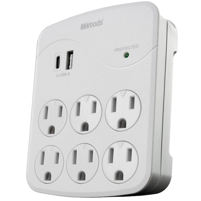 Wall Adapter - 6 Outlets - USB - 120 V - EZ-Pull - White-Each