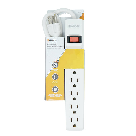 Woods Power Strip 6-Outlets 2-ft Cord Overload Protection White-Each