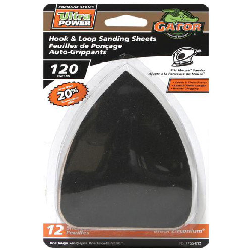 Gator Ultrapower 4 3/4-in W x 9 1/2-in L 120-Grit Black Zirconium Hook and Loop Detail Sanding Sheets 12 Per Pack - Pack