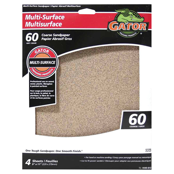 Gator Multi-Surface Sanding Sheets - Aluminum Oxide - 60-Grit - 11-in L x 9-in W - 4 Per Pack - Pack