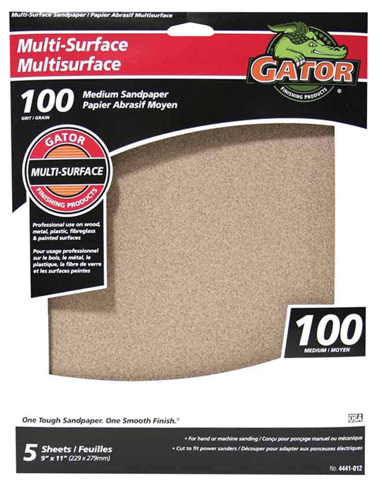 Gator Multi-Surface Finishing Sandpaper Sheets - 9-in W x 11-in L - 100 Grit - 5 Per Pack - Pack