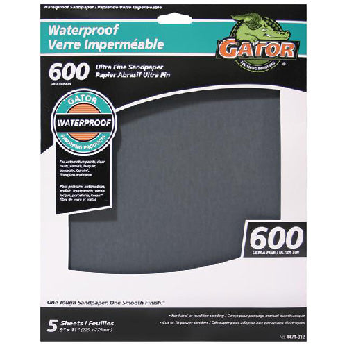 Gator Waterproof Sandpaper Sheets - 9-in W x 11-in L - 600 Grit - Silicon Carbide - Finishing - 5 Per Pack - Pack