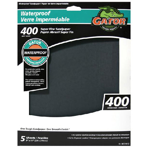 Gator Waterproof Sandpaper Sheets - 9-in W x 11-in L - 400 Grit - Silicon Carbide - Finishing - 5 Per Pack - Pack