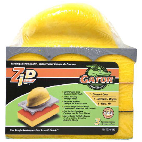 Gator Zip Sanding Sponge Holder - 3 Assorted Grit Sponges - Yellow - 3-in H x 5-in L x 1-in W - Pack