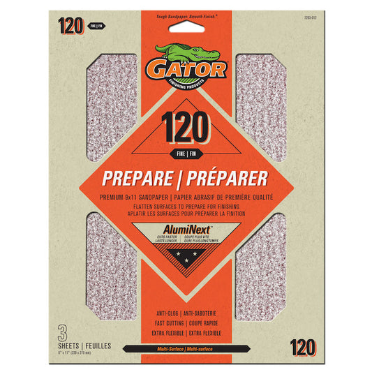 Gator Premium Sanding Sheets - 120-Grit - Aluminum Oxide - Orange - 3-Pack - Pack