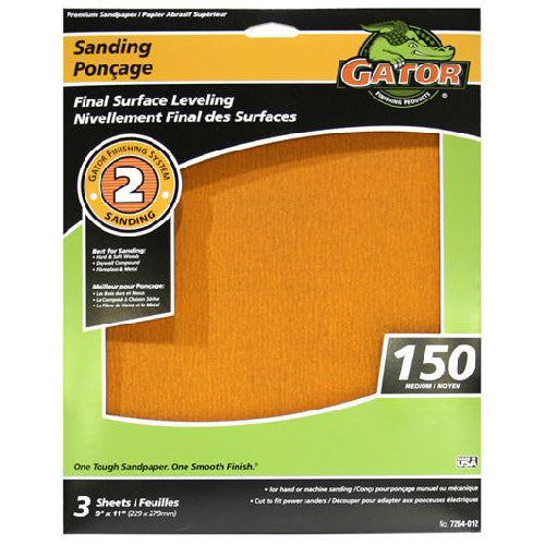 Gator Premium Finishing Sandpaper - Aluminum Oxide - 150-Grit - 11-in L x 9-in W - 3 Per Pack - Pack