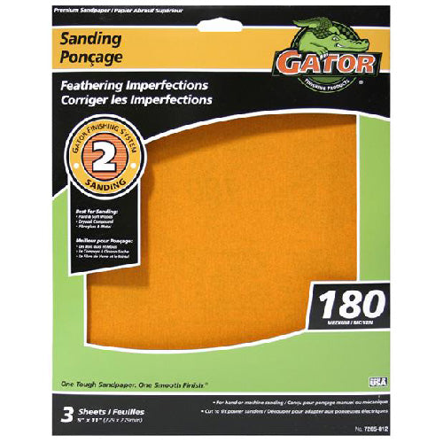 Gator AlumiNext Premium Sanding Papers - 9-in W x 11-in L - 180 Grit - Aluminum Oxide Abrasive - 3 Per Pack - Pack