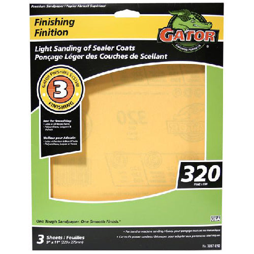 Gator AlumiNext Premium Finishing Sandpaper - 9-in W x 11-in L - 320 Grit - Aluminum Oxide Abrasive - 3 Per Pack - Pack