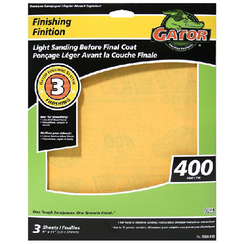 Gator AlumiNext Premium Finishing Sandpaper - 9-in W x 11-in L - 400 Grit - Aluminum Oxide Abrasive - 3 Per Pack - Pack