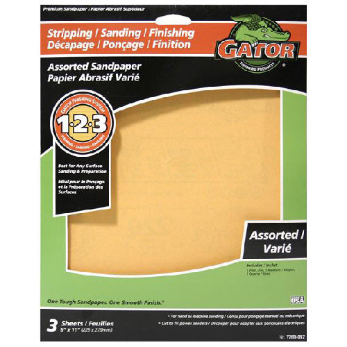 Gator Premium Multi-Purpose Sandpaper - 9-in W x 11-in L - Multi-Grade - Aluminum Oxide Abrasive - 3 Per Pack - Pack