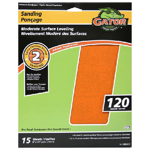 Gator Premium Sanding Papers - 9-in W x 11-in L - 120 Grit - Aluminum Oxide Abrasive - 15 Per Pack - Pack