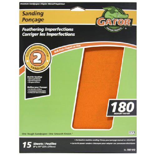 Gator Premium Sanding Papers - 9-in W x 11-in L - 180 Grit - Aluminum Oxide Abrasive - 15 Per Pack - Pack