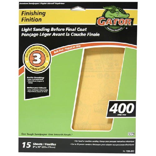 Gator Premium Finishing Sandpaper - 9-in W x 11-in L - 400 Grit - Aluminum Oxide Abrasive - 15 Per Pack - Pack