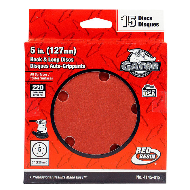 Gator 5-in Dia 220-Grit 5-Hole Hook and Loop Red Resin Finishing Sanding Discs 15/Pk - Pack