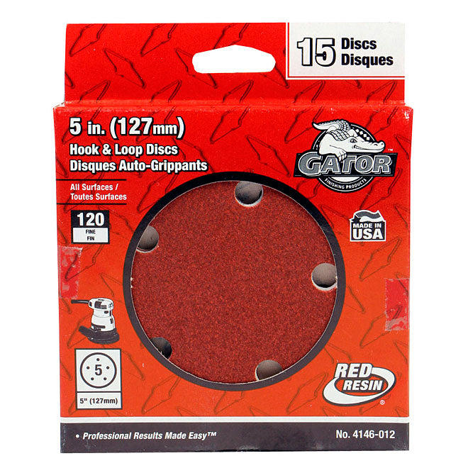 Gator 5-in Dia 120-Grit 5-Hole Hook and Loop Red Resin Finishing Sanding Discs 15/Pk - Pack