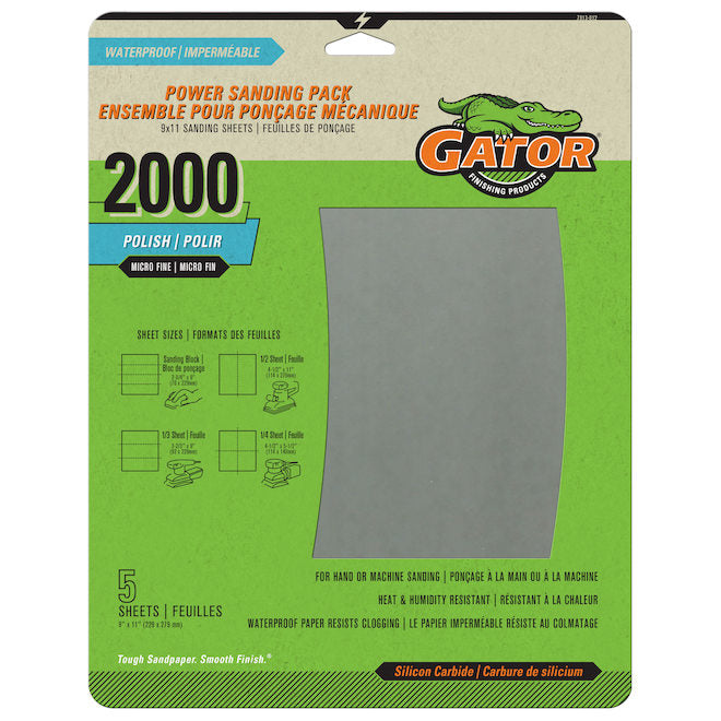 Gator Gatorpower Waterproof Finishing Sandpaper - 9-in W x 11-in L - 2000 Grit - Silicon Carbide Abrasive - 3 Per Pack - Pack