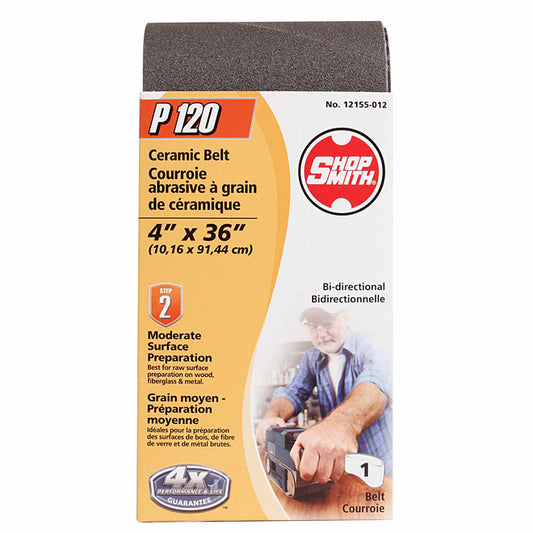 ShopSmith Bi-Directional Sanding Belt - 4-in W x 36-in L - P120 Grit - Ceramic Abrasive - Poly-Cloth Backing - Each