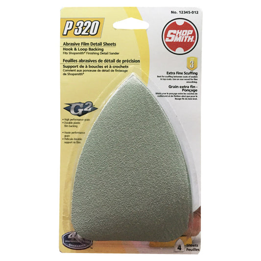 ShopSmith Abrasive Film Sheets with Hoop and Loop Backing - P320 Grit - Aluminum Oxide - 4 Per Pack - Each