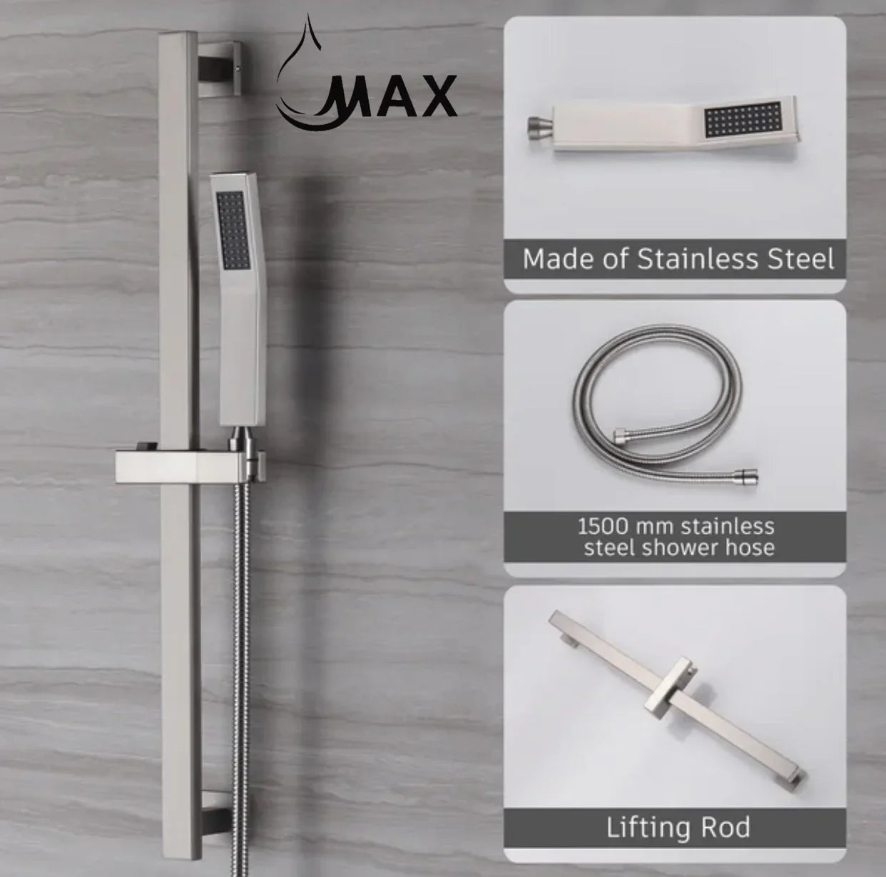 Ceiling Thermostatic Shower System Three Functions With Hand-Held Slide Bar and Pressure Balance Valve Brushed Nickel Finish