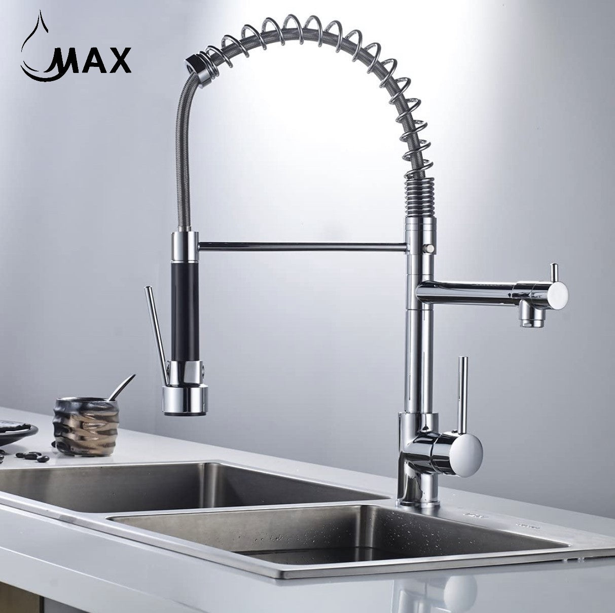 Pre-Rinse Kitchen Faucet Hand Free Pull-Down Flexible Spring With Separate Pot Filler Spout 19" Chrome Finish