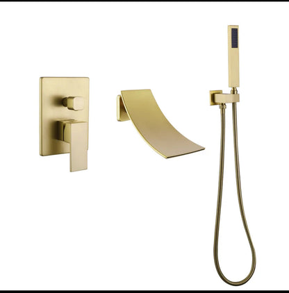 Waterfall Roman Tub Two Function Single Handle With Diverter And Sprayer Handheld Shower Brushed Gold