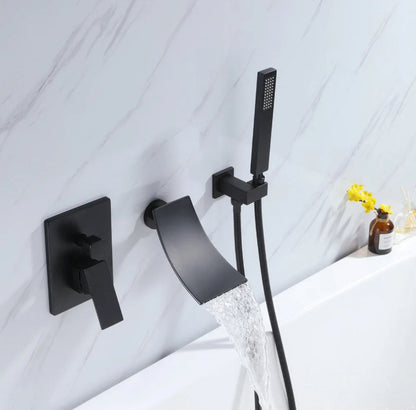 Waterfall Roman Tub Two Function Single Handle With Diverter And Sprayer Handheld Shower Matte Black