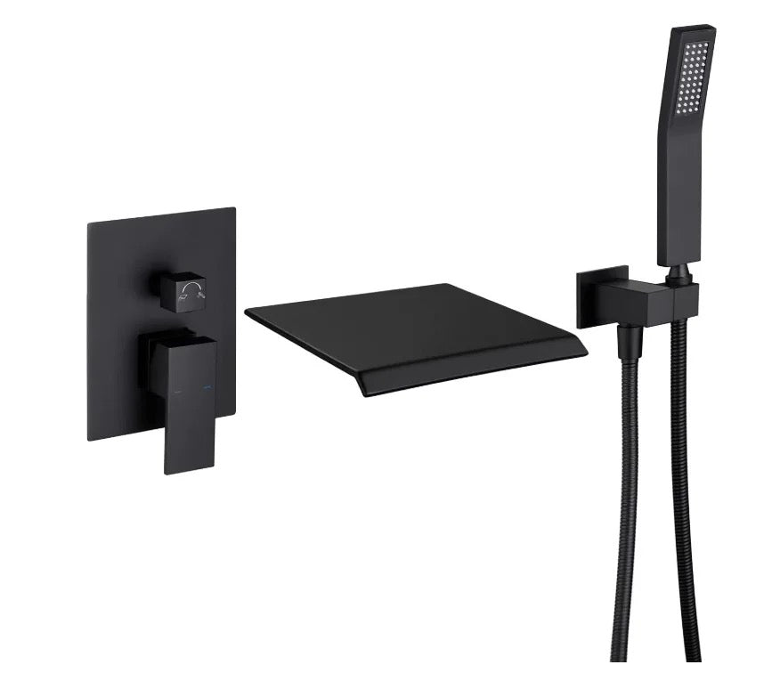 Roman Tub Waterfall Spout Single Handel Wall Mounted With Movable Spryer Handheld Matte Black Finish