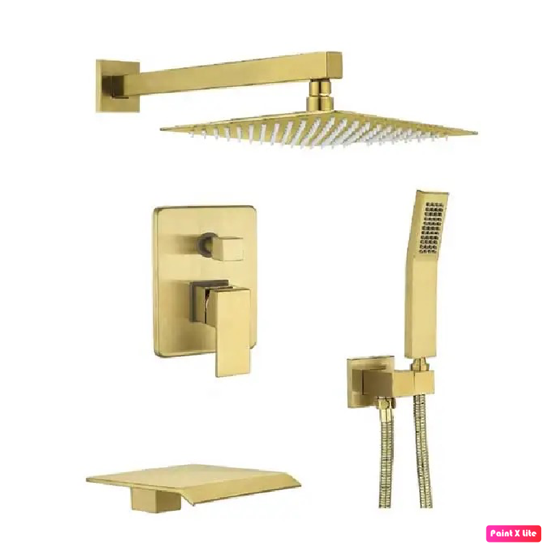 Tub Shower System Set Three Functions Waterfall Spout Brushed Gold Finish